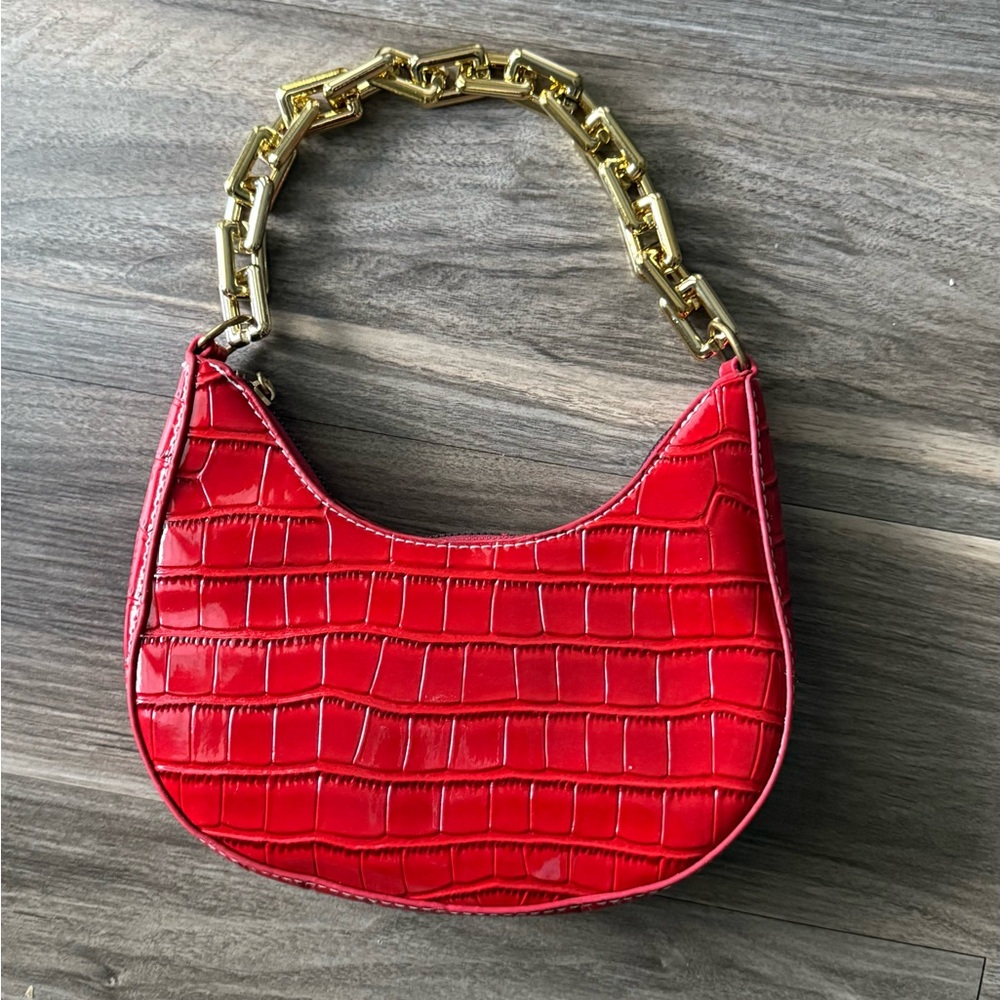 Red Croc-Embossed Bag with Gold Chain